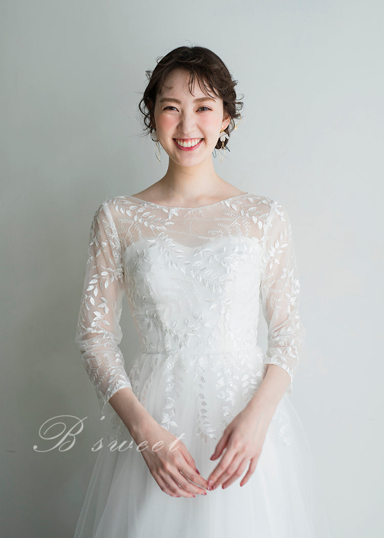 【wd364xy】リーフレース刺繍七分袖Aラインドレス