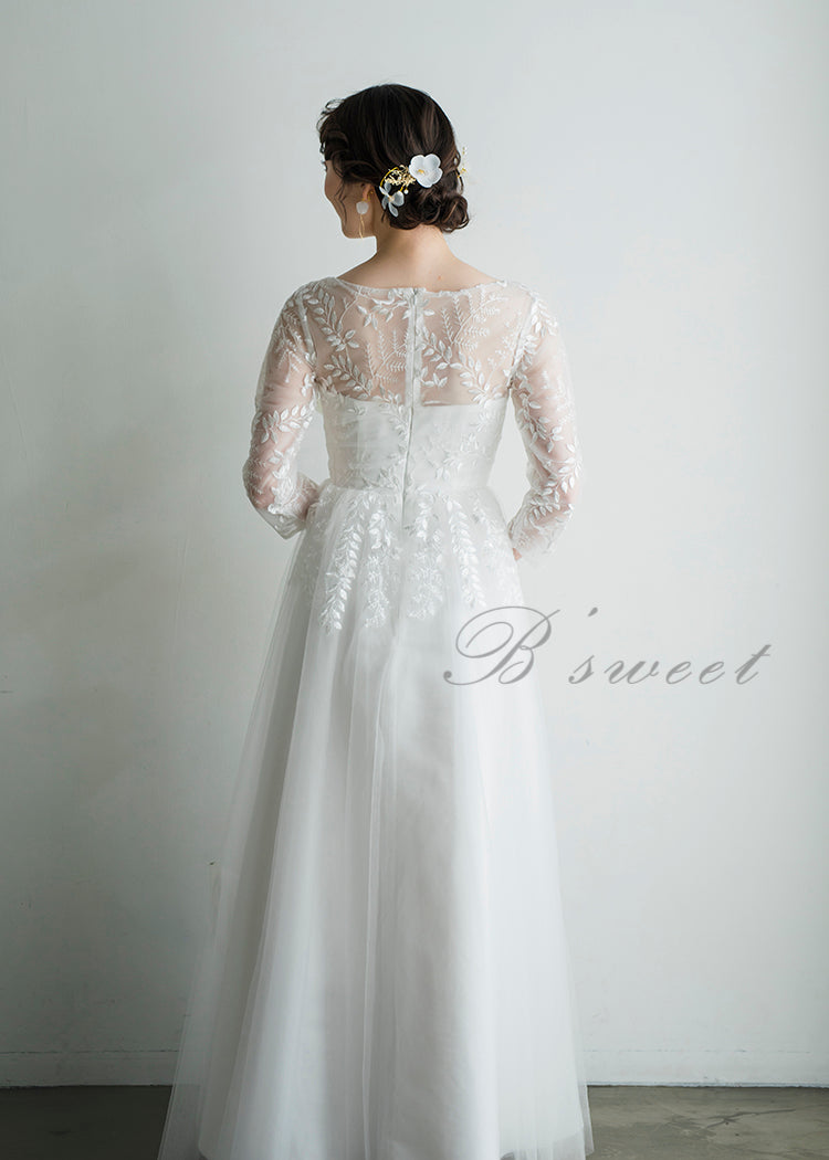 【wd364xy】リーフレース刺繍七分袖Aラインドレス