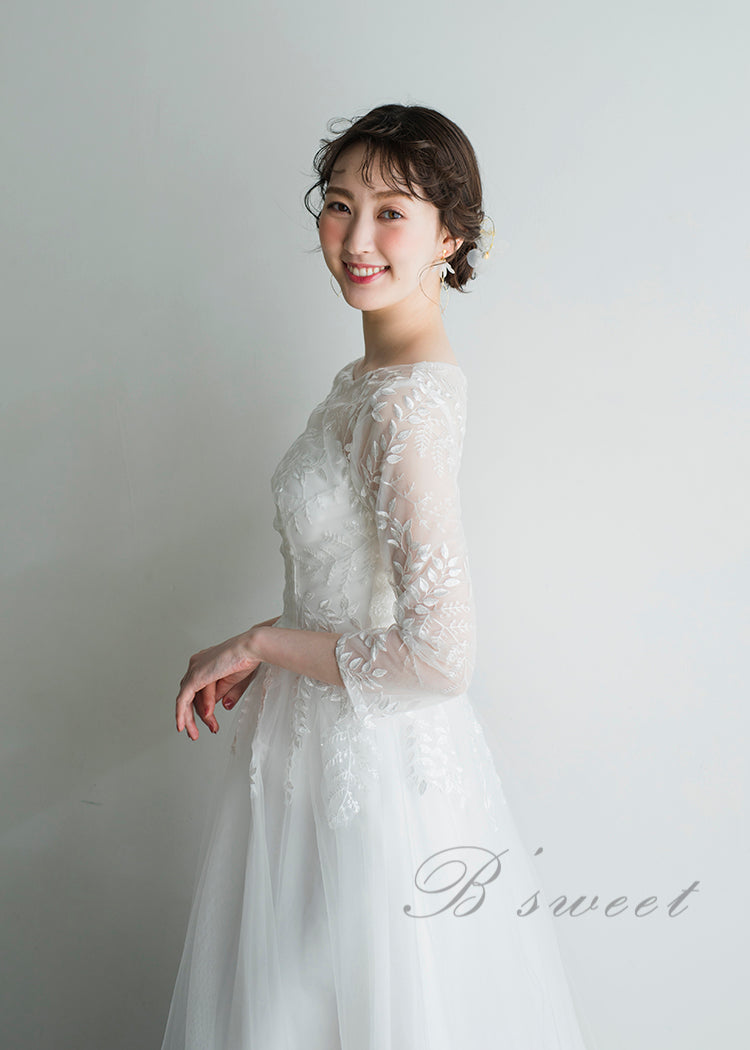 【wd364xy】リーフレース刺繍七分袖Aラインドレス