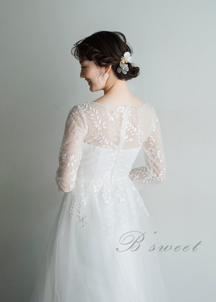 【wd364xy】リーフレース刺繍七分袖Aラインドレス