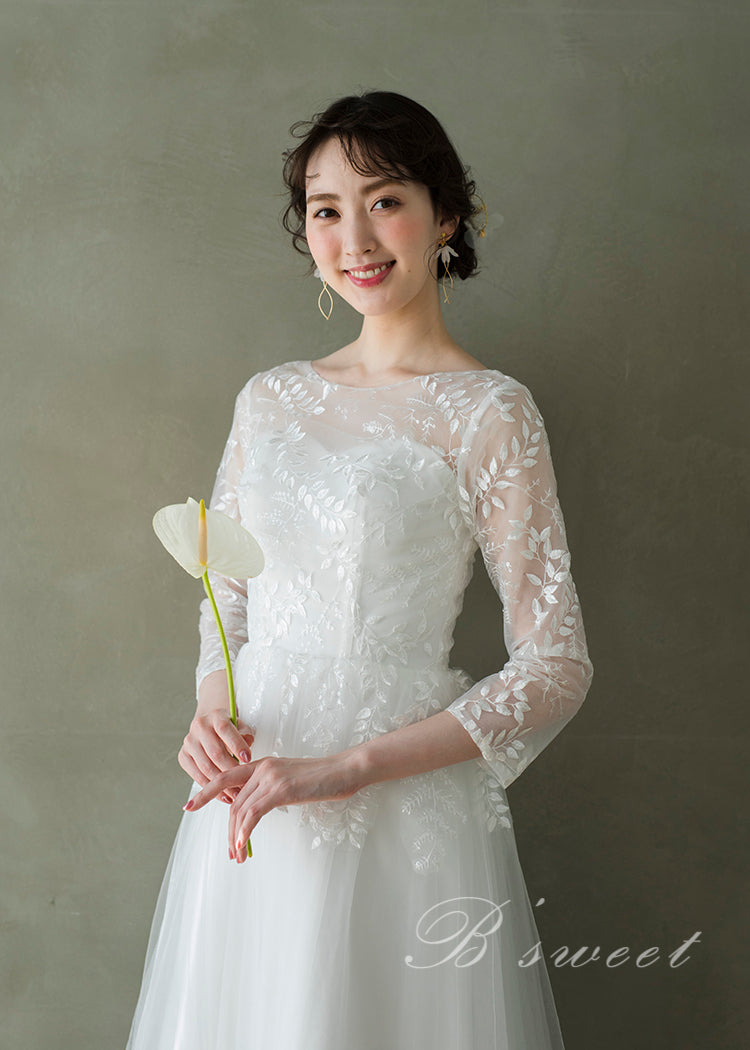 【wd364xy】リーフレース刺繍七分袖Aラインドレス