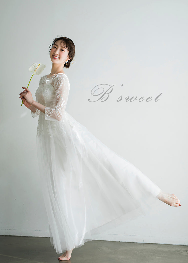 【wd364xy】リーフレース刺繍七分袖Aラインドレス