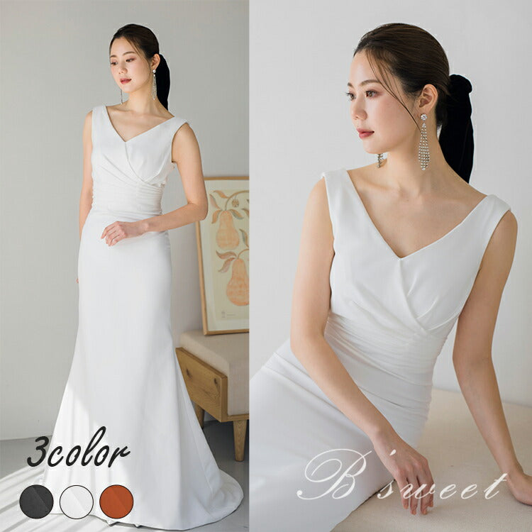 MD04【hwd519ls】ノースリーブサテンVネックマーメイドドレス マーメイドライン 3カラー