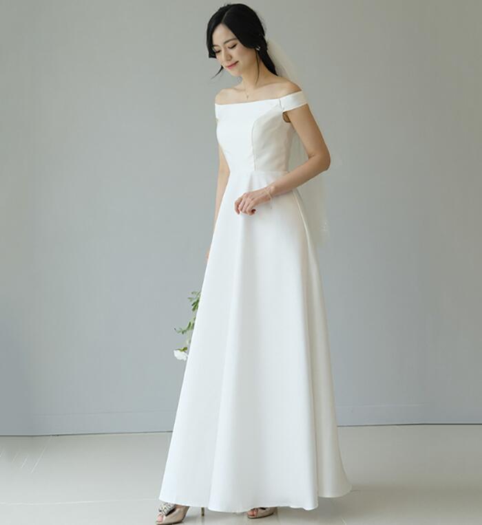 【wd612ls】オフショルダーシンプルサテンドレス Aライン