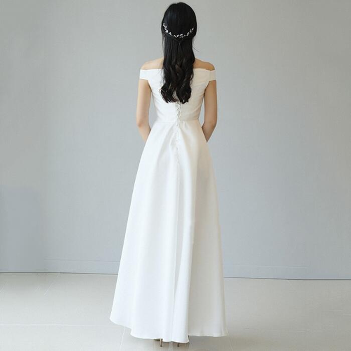 【wd612ls】オフショルダーシンプルサテンドレス Aライン