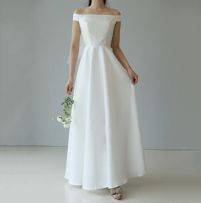 【wd612ls】オフショルダーシンプルサテンドレス Aライン