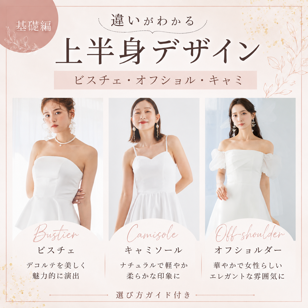 【基礎編】上半身デザインの選び方｜ビスチェ、オフショル、キャミって？