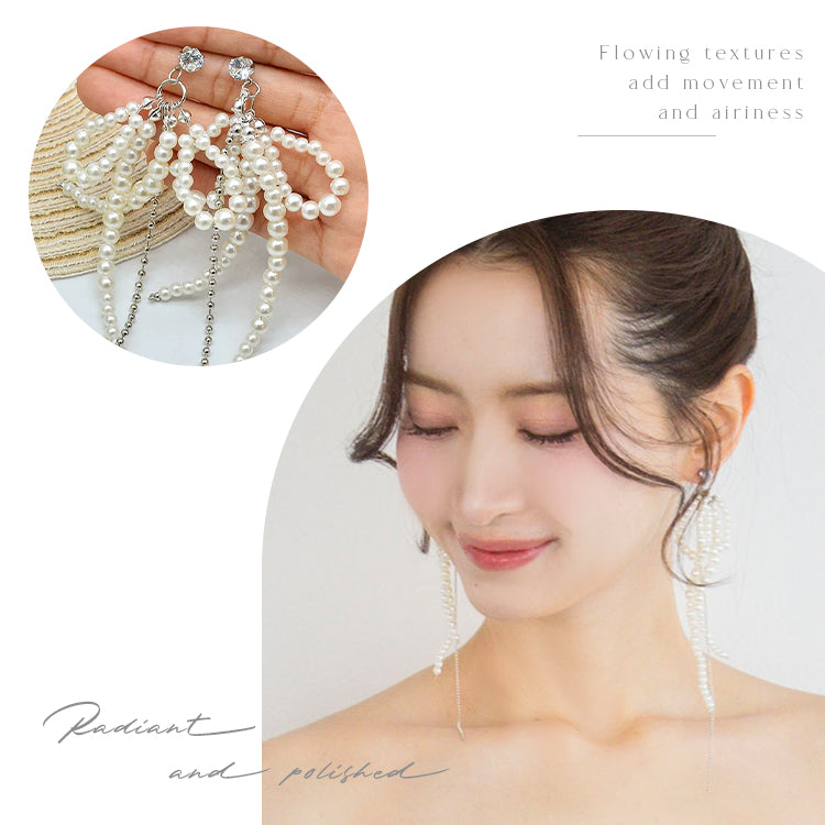 【ac286mo】リボンパールチェーンピアス