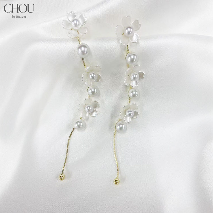 【ac292mo】パールフラワー ロングピアス
