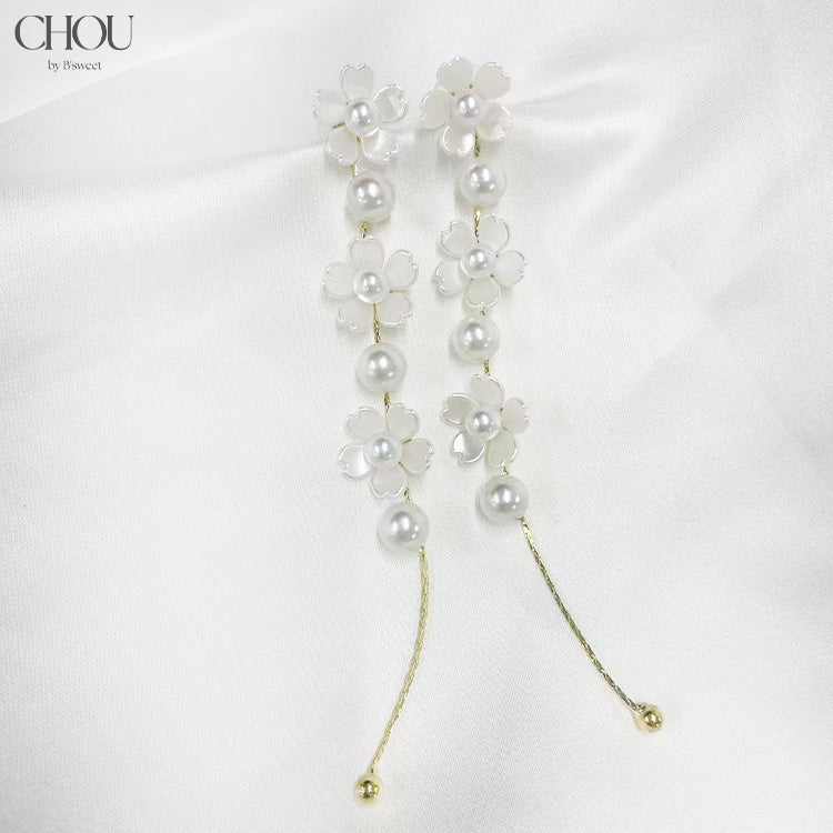【ac292mo】パールフラワー ロングピアス