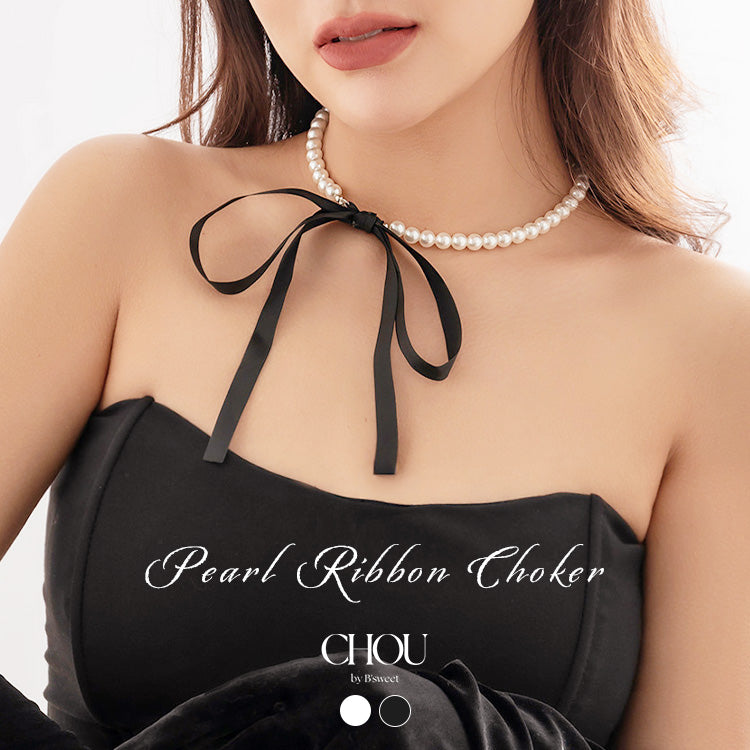 【ac295mo】パールリボンチョーカー ネックレス
