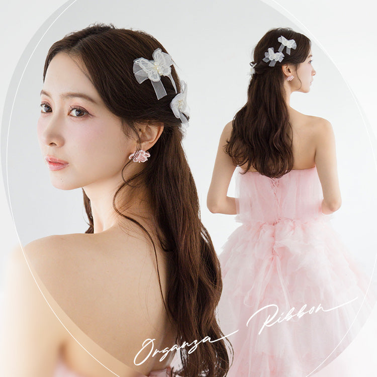 【ac297mo】オーガンジーリボン パールヘアクリップ