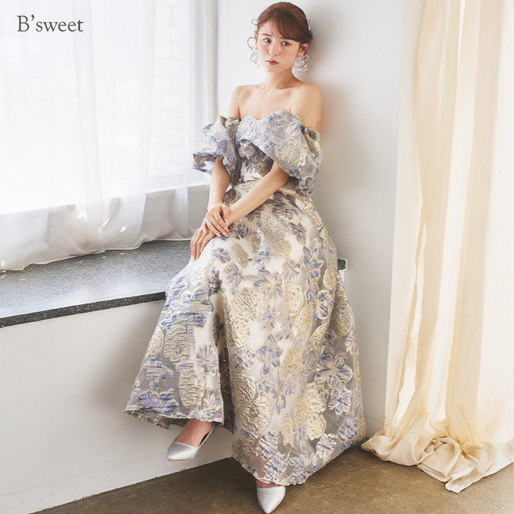 【kd144yn】2wayスリーブ花柄カラードレス　Aライン