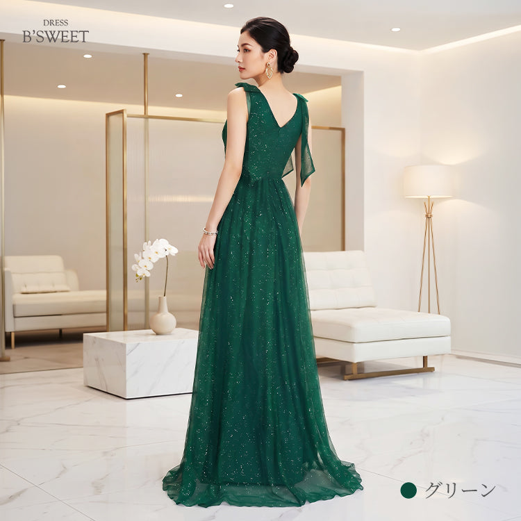 【kd154lk】ラメグリッター肩リボンドレス　Aライン