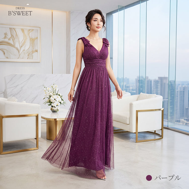 【kd154lk】ラメグリッター肩リボンドレス　Aライン