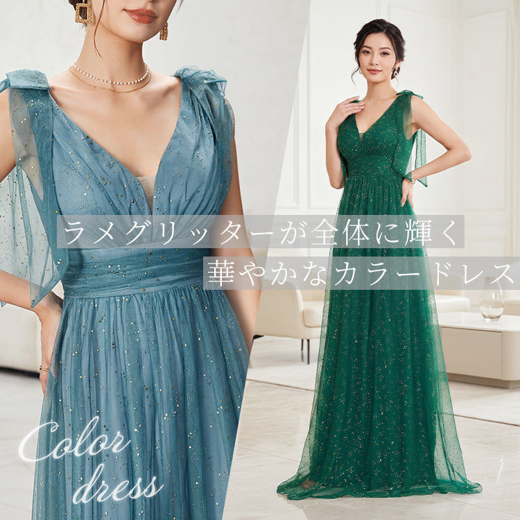【kd154lk】ラメグリッター肩リボンドレス　Aライン