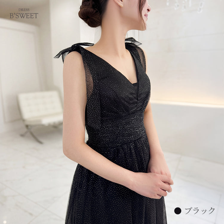 【kd154lk】ラメグリッター肩リボンドレス　Aライン
