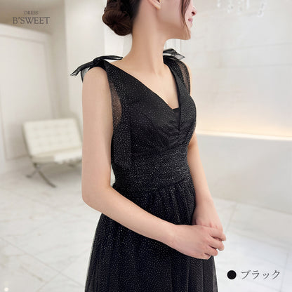 【kd154lk】ラメグリッター肩リボンドレス　Aライン