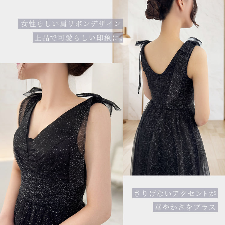 【kd154lk】ラメグリッター肩リボンドレス　Aライン