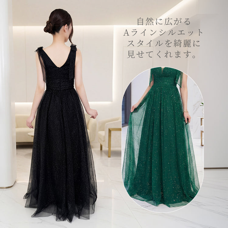 【kd154lk】ラメグリッター肩リボンドレス　Aライン