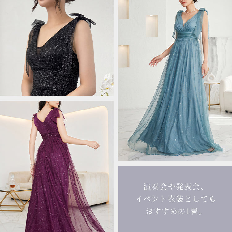 【kd154lk】ラメグリッター肩リボンドレス　Aライン