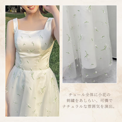 【kd163jx】スクエアネック刺繍チュールドレス　Aライン