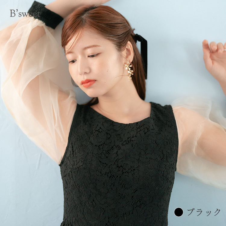【pd37cy】シアースリーブレースワンピースドレス