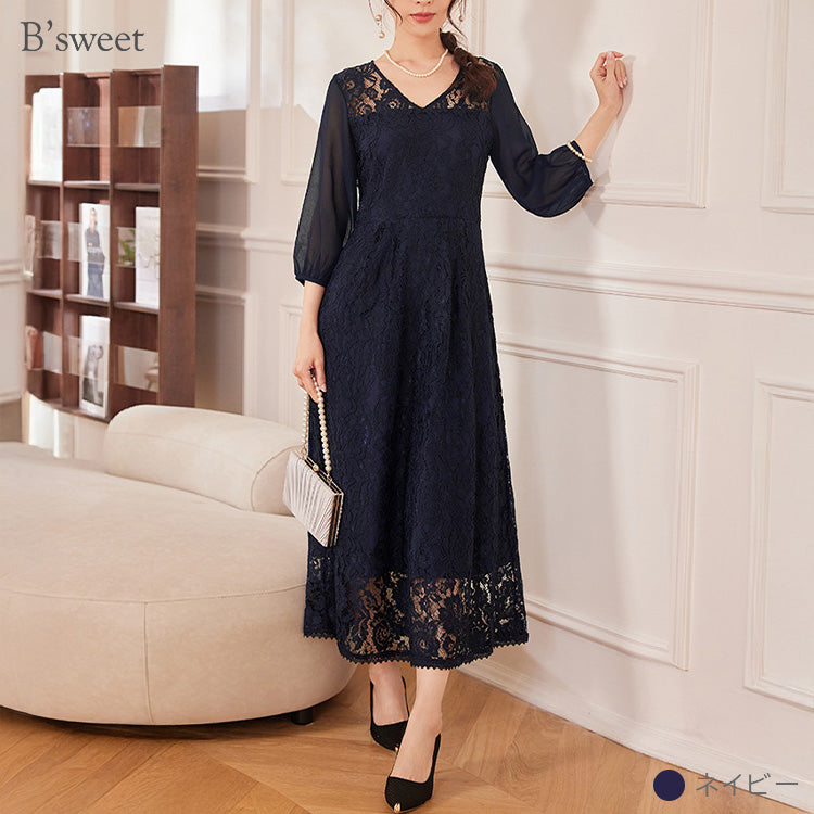 【pd44cy】Vネックレースワンピースドレス