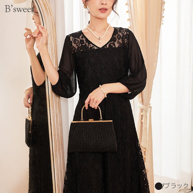 【pd44cy】Vネックレースワンピースドレス