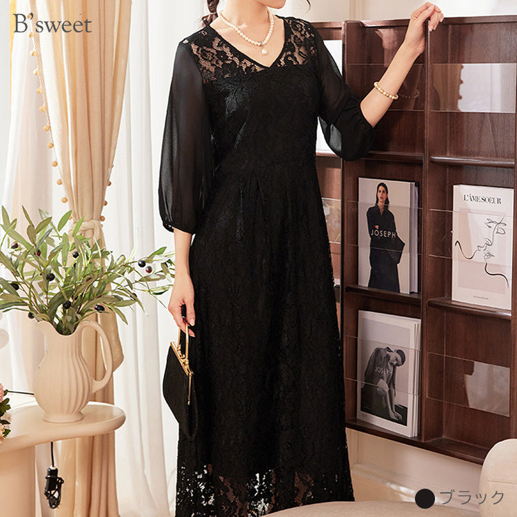 【pd44cy】Vネックレースワンピースドレス