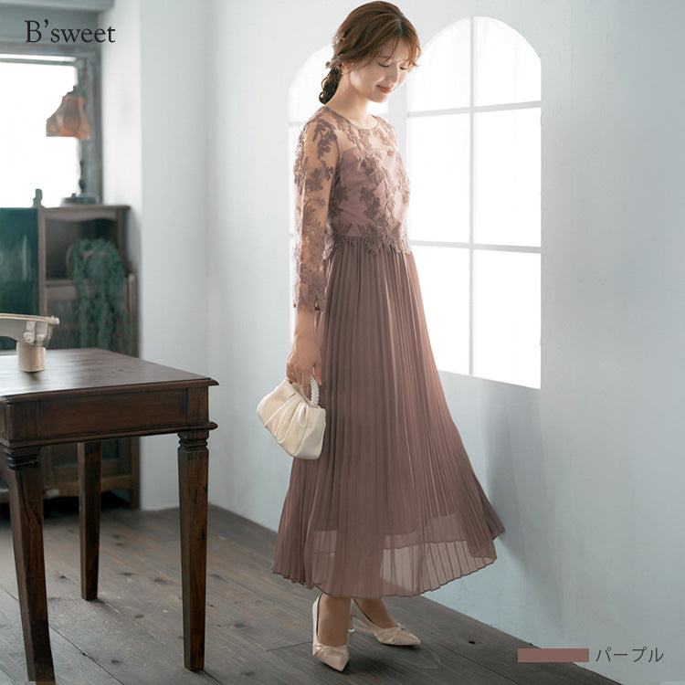 【pd47cy】レースプリーツワンピースドレス