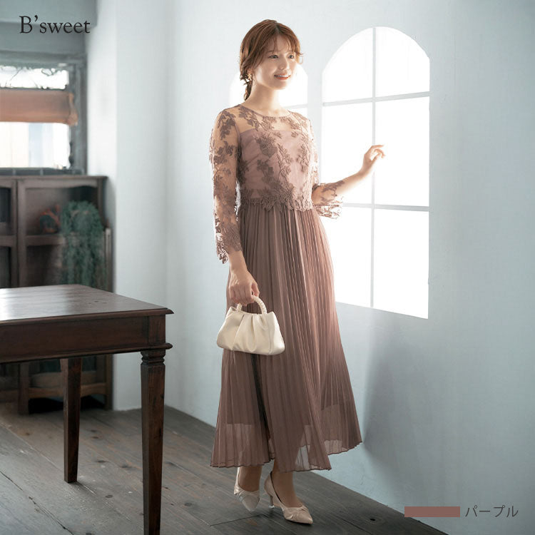 【pd47cy】レースプリーツワンピースドレス