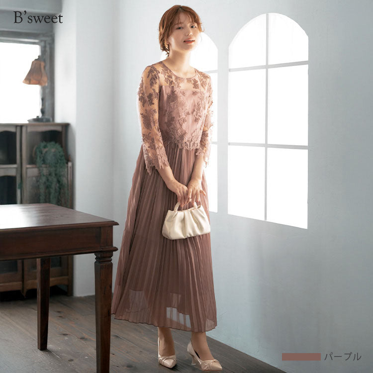 【pd47cy】レースプリーツワンピースドレス