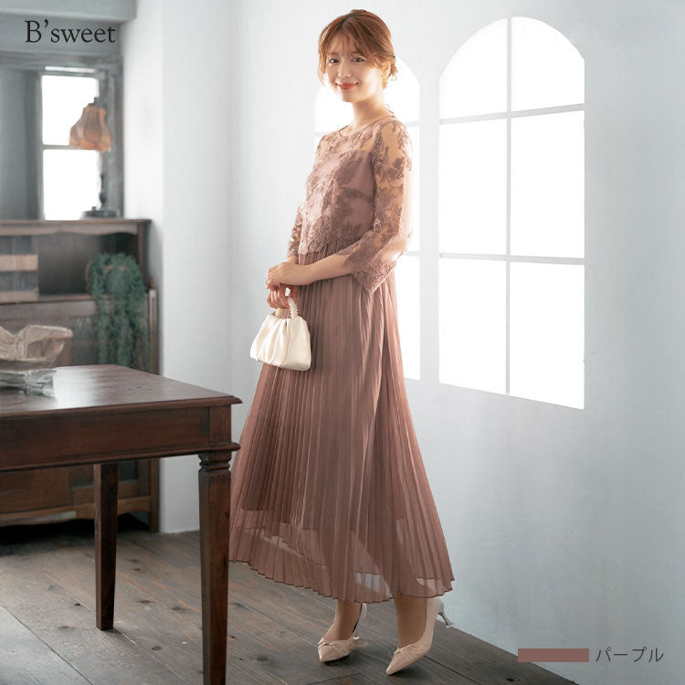 【pd47cy】レースプリーツワンピースドレス