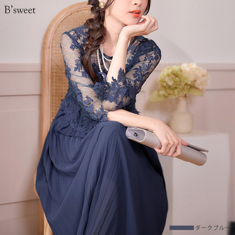 【pd47cy】レースプリーツワンピースドレス