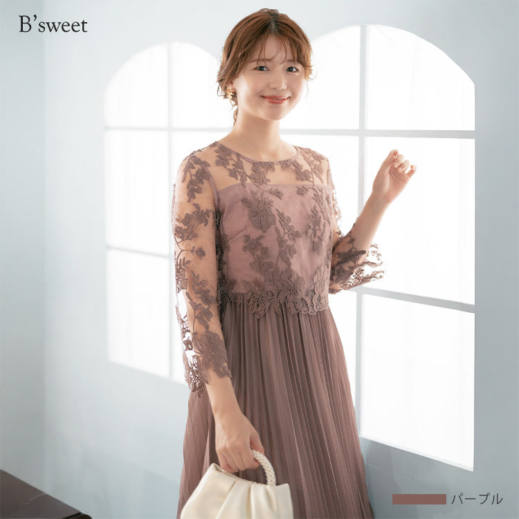 【pd47cy】レースプリーツワンピースドレス