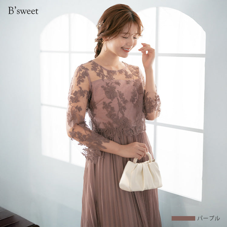 【pd47cy】レースプリーツワンピースドレス