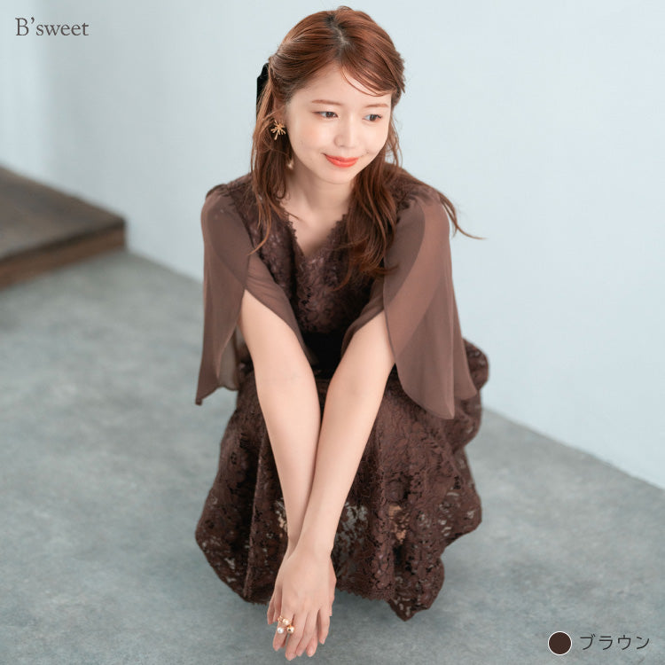 【pd48cy】レイヤードスリーブレースワンピースドレス
