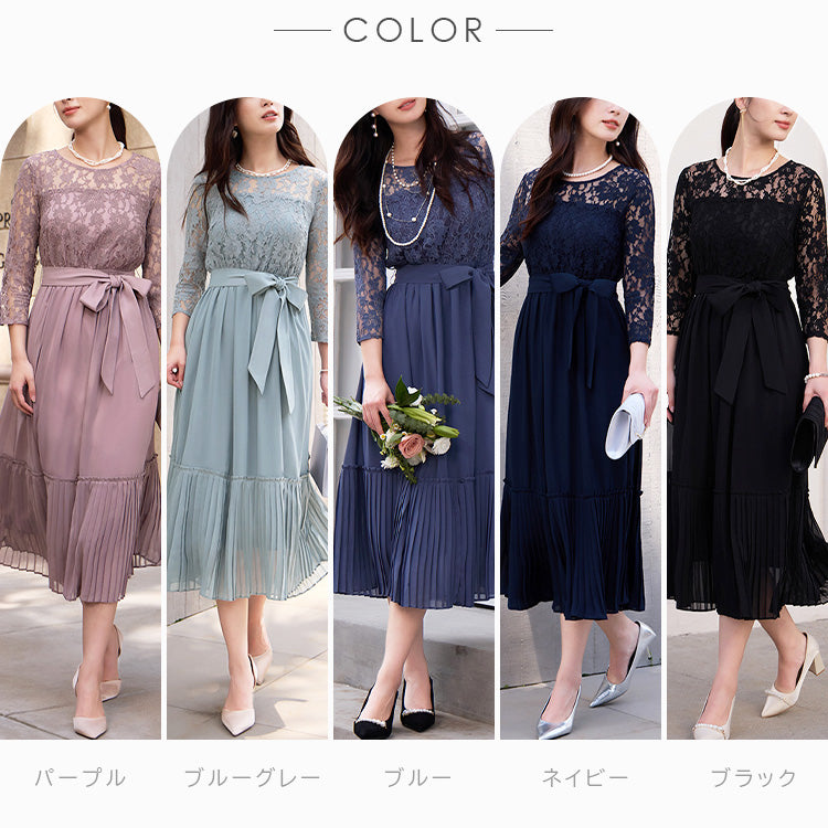 【pd51cy】プリーツ切り替えレースワンピースドレス