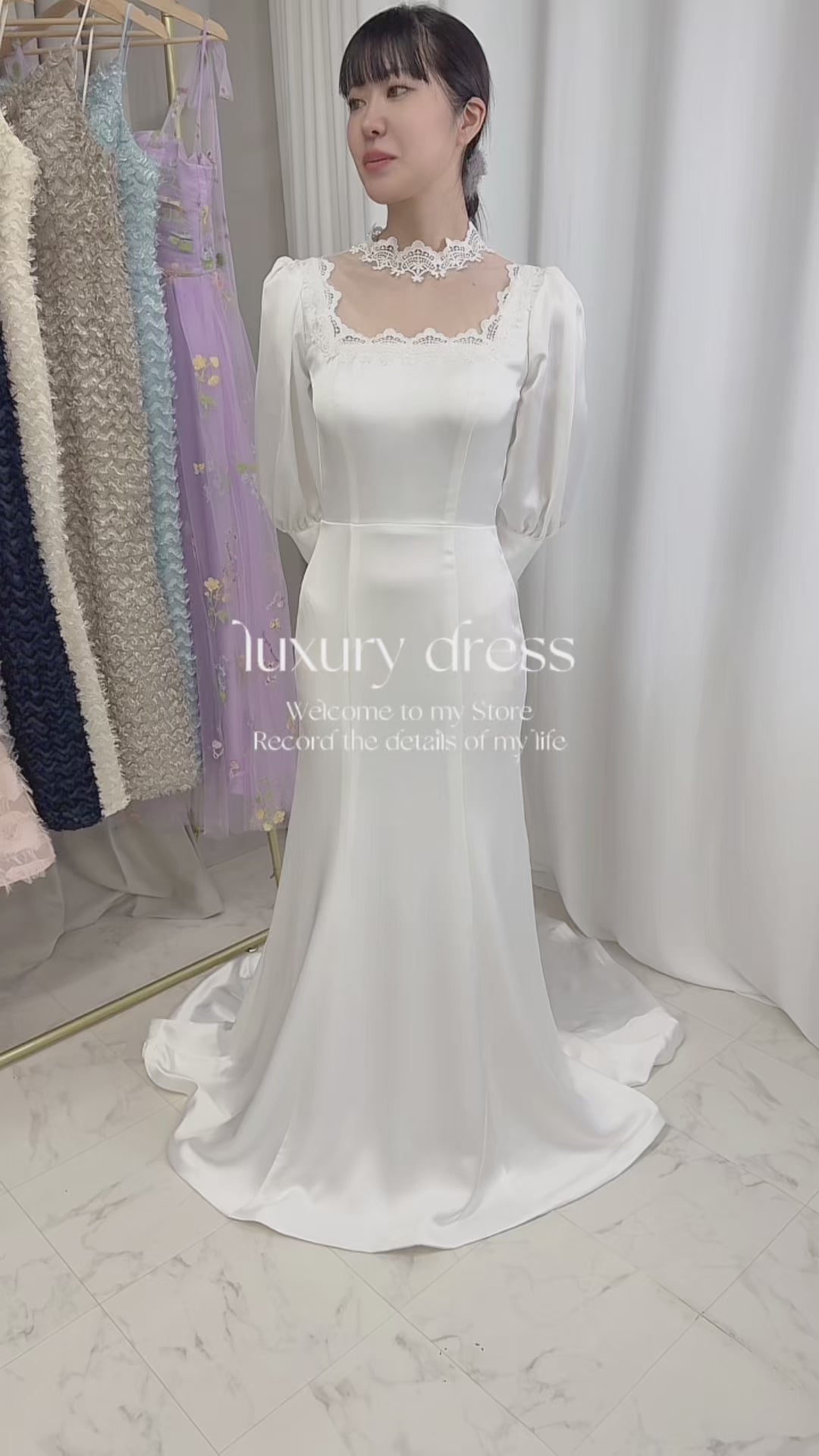 【ur21】ロングスリーブサテンネックレースソフトマーメイドドレス　マーメイドライン