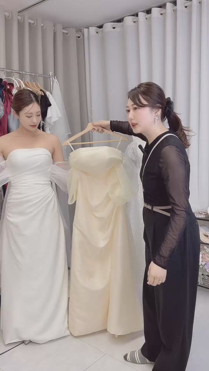 【wd676】オーガンジーリボンスリーブスリットスレンダードレス