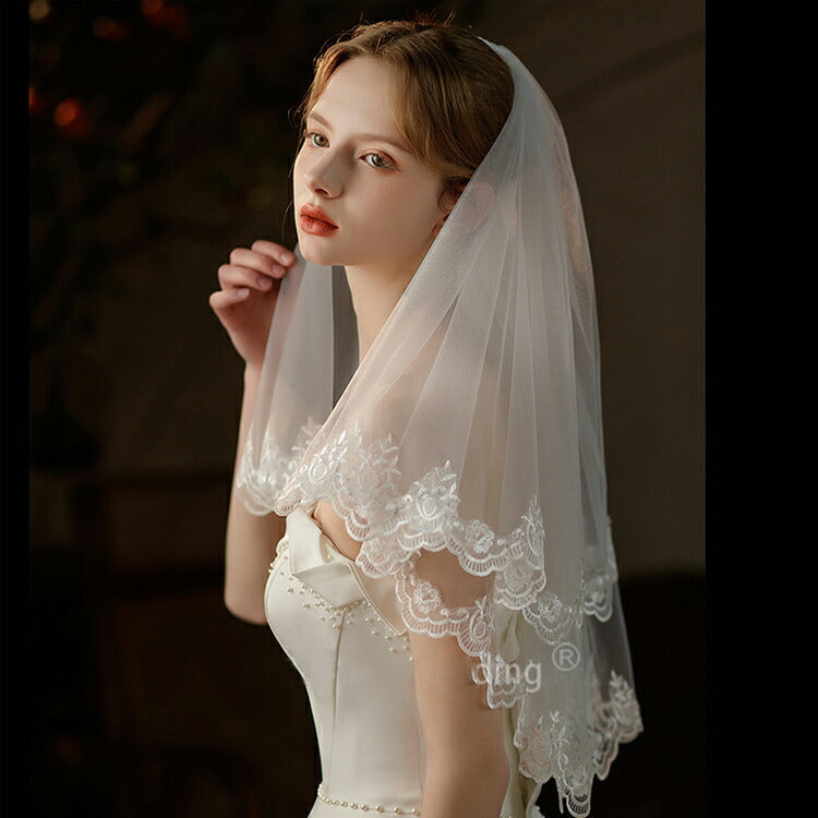 【ts234iy】ベール ミドル ウェディング 結婚式 ベール 2層 コーム付き 金属コーム ウエディングベール Wedding Veil 髪飾り ショート ミドル ウェディングベール ミドルベールUP儀式OK【各層の長さは約51cm・63cm】