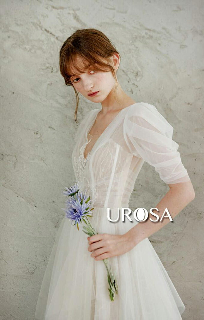 【ur31】センターレースパフスリーブチュールドレス　Aライン