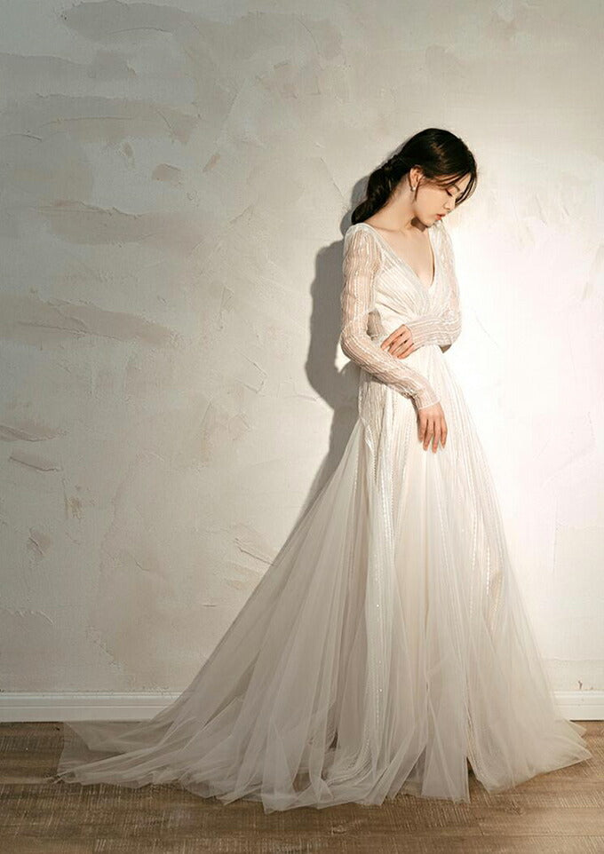 【ur51】ロングスリーブスパンコールストライプVネックドレス　スレンダーライン
