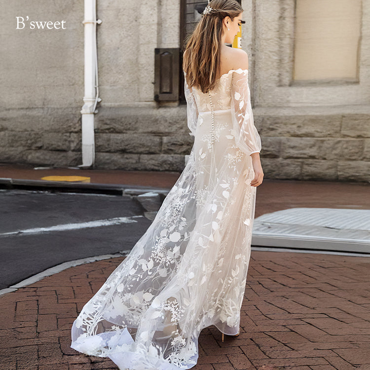 【ur74】	オフショルダーシアーリーフドレス　スレンダーライン