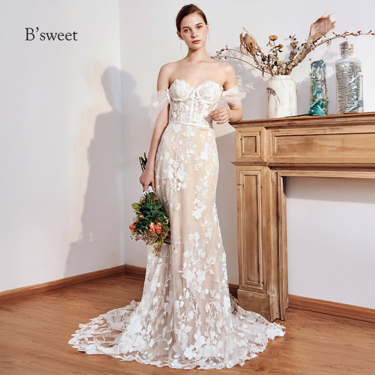 【ur77】	オフショルダーレース刺繡ドレス　マーメイドライン