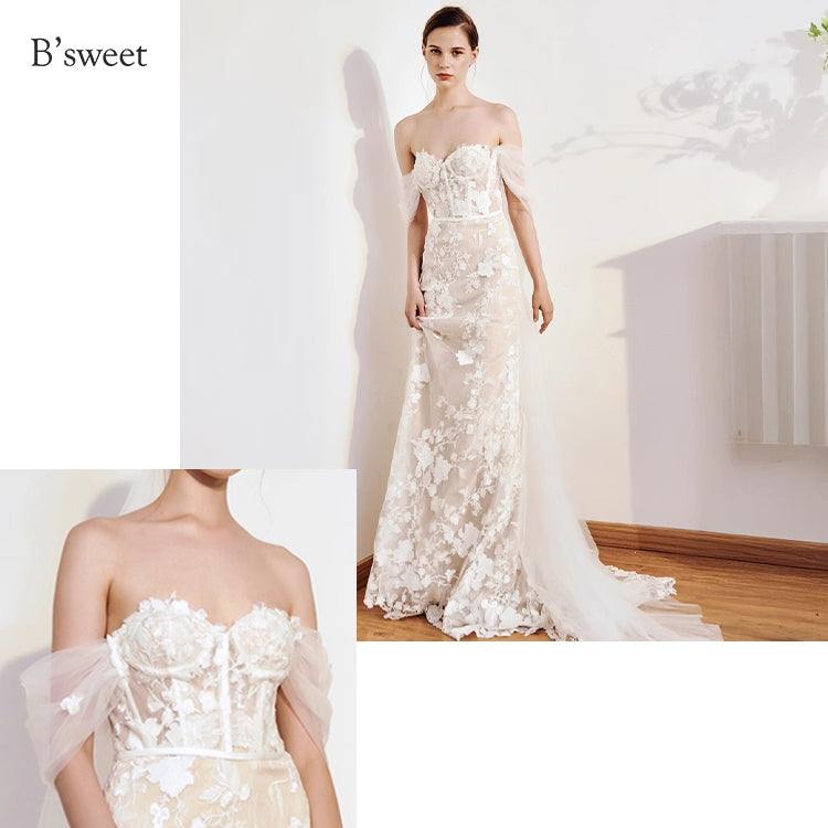 【ur77】	オフショルダーレース刺繡ドレス　マーメイドライン