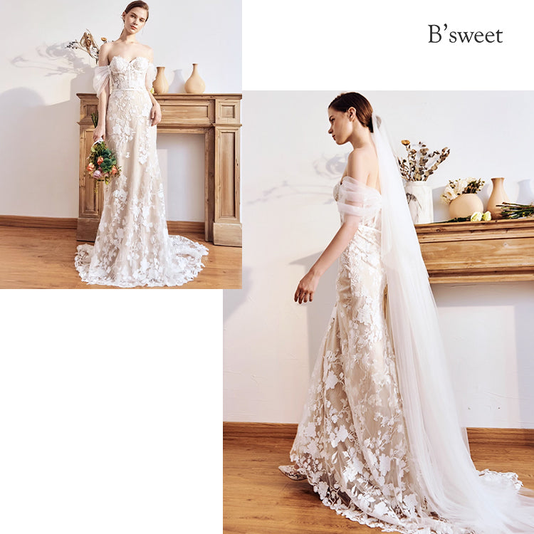 【ur77】	オフショルダーレース刺繡ドレス　マーメイドライン