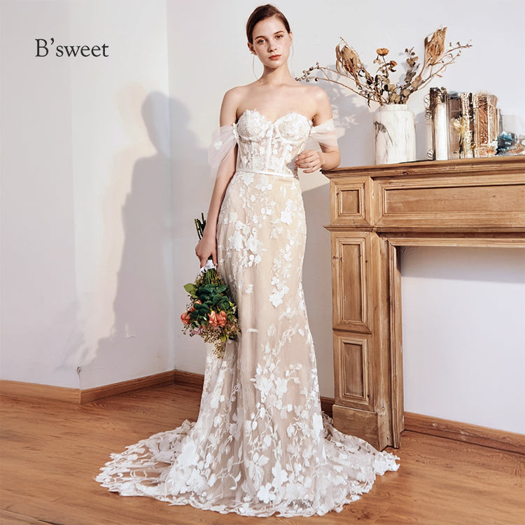 【ur77】	オフショルダーレース刺繡ドレス　マーメイドライン