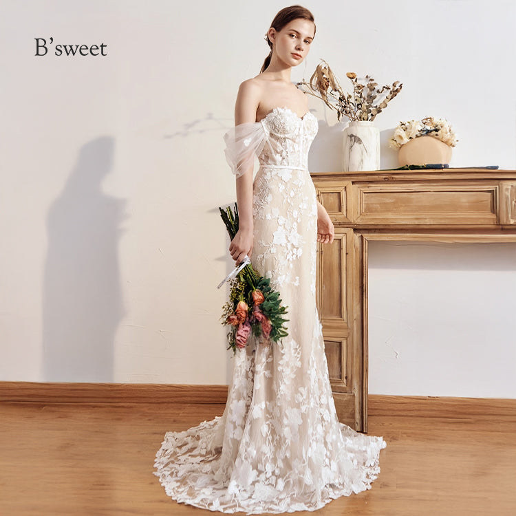 【ur77】	オフショルダーレース刺繡ドレス　マーメイドライン